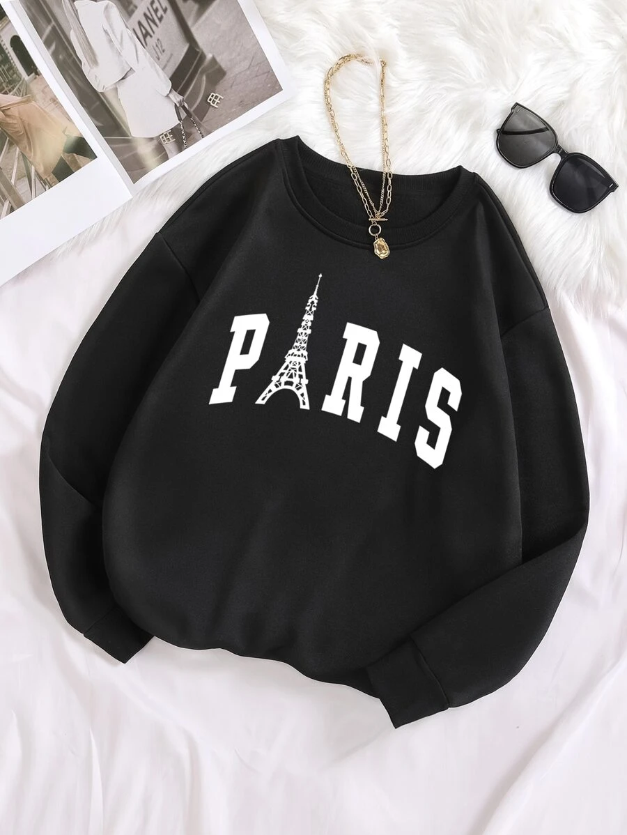 SHEIN EZwear Plus Letter Graphic Thermal Lined Sweatshirt - Black - View 1