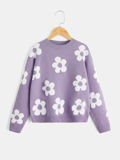 SHEIN Tween Girl Floral Pattern Drop Shoulder Sweater Kids Fall Sweaters Kids Girls Fall Sweaters Tween Girl Sweaters Kids Jumper