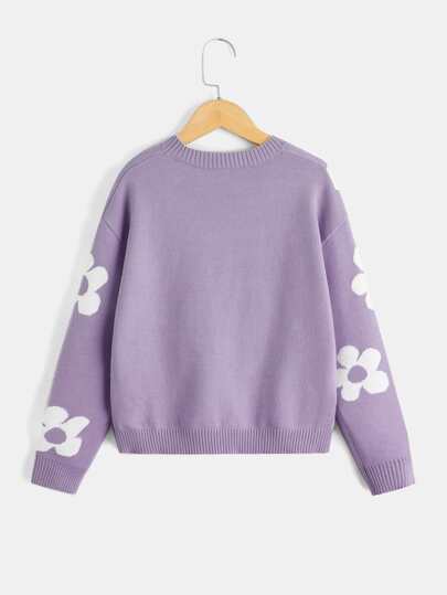 SHEIN Tween Girl Floral Pattern Drop Shoulder Sweater Kids Fall Sweaters Kids Girls Fall Sweaters Tween Girl Sweaters Kids Jumper