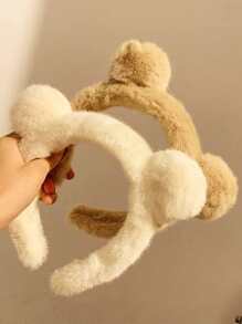 2入組女士可愛小熊耳朵絨球裝飾毛茸茸髮箍