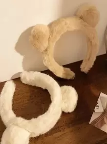 2入組女士可愛小熊耳朵絨球裝飾毛茸茸髮箍