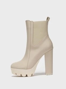 Zip Side Chunky Heeled Chelsea Boots - Apricot - View 2