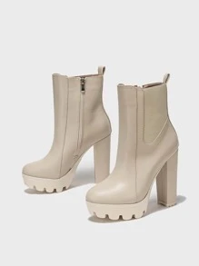 Zip Side Chunky Heeled Chelsea Boots - Apricot - View 3