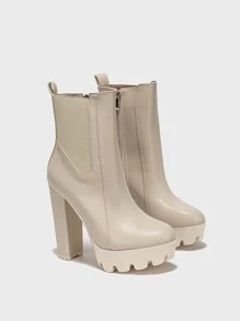 Zip Side Chunky Heeled Chelsea Boots - Apricot - View 4