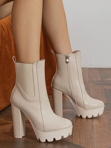 Zip Side Chunky Heeled Chelsea Boots - Apricot - View 5
