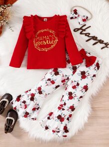 小女童字母圖案荷葉邊T恤和印花喇叭褲 - 紅白色 - 查看 1