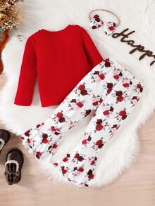 小女童字母圖案荷葉邊T恤和印花喇叭褲 - 紅白色 - 查看 2