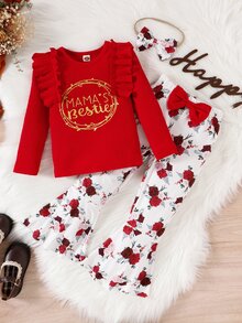 小女童字母圖案荷葉邊T恤和印花喇叭褲 - 紅白色 - 查看 5