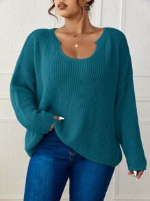 SHEIN LUNE Plus Notched Neckline Drop Shoulder Jumper - Teal Blue - View 1