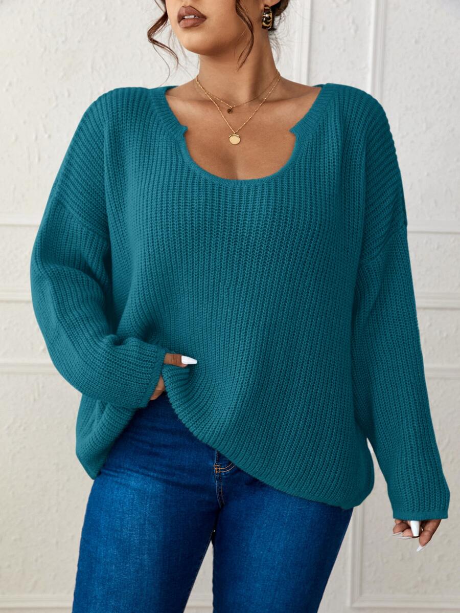 SHEIN LUNE Plus Notched Neckline Drop Shoulder Jumper - Teal Blue - View 1