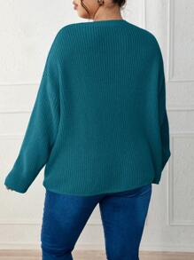 SHEIN LUNE Plus Notched Neckline Drop Shoulder Jumper - Teal Blue - View 2