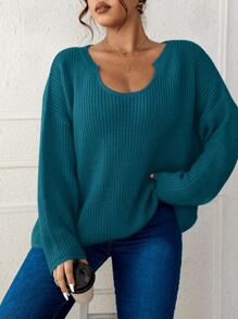 SHEIN LUNE Plus Notched Neckline Drop Shoulder Jumper - Teal Blue - View 3