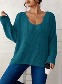 SHEIN LUNE Plus Notched Neckline Drop Shoulder Jumper - Teal Blue - View 4