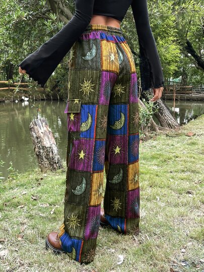 Grunge Patchwork Print Drawstring Waist Cargo Pants