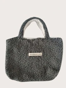 Letter Patched Decor Fuzzy Top Handle Bag - Grey - View 2