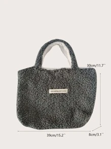Letter Patched Decor Fuzzy Top Handle Bag - Grey - View 3