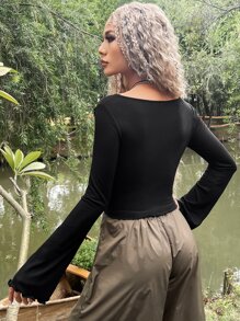 SHEIN ICON Grunge Lace Trim Trumpet Sleeve Crop Tee - Black - View 8