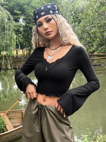 SHEIN ICON Grunge Lace Trim Trumpet Sleeve Crop Tee - Black - View 7