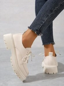 Minimalist Lace-up Front Flatform Oxford Shoes - Beige - View 3