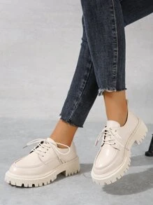 Minimalist Lace-up Front Flatform Oxford Shoes - Beige - View 4