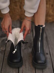 Women's Solid Color Front Zip Fur Trim Perfect With Fall Clothes Mid-Calf Thick Sole Match With Hoodies Winter Casual Boots - Black - View 1