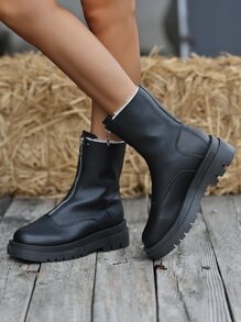 Women's Solid Color Front Zip Fur Trim Perfect With Fall Clothes Mid-Calf Thick Sole Match With Hoodies Winter Casual Boots - Black - View 2