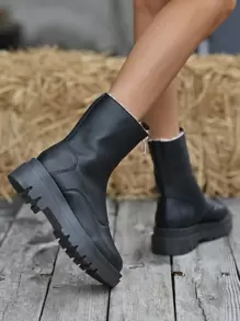 Women's Solid Color Front Zip Fur Trim Perfect With Fall Clothes Mid-Calf Thick Sole Match With Hoodies Winter Casual Boots - Black - View 3