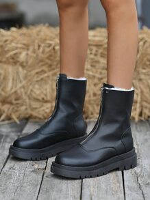 Women's Solid Color Front Zip Fur Trim Perfect With Fall Clothes Mid-Calf Thick Sole Match With Hoodies Winter Casual Boots - Black - View 4