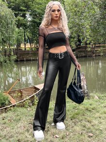 ROMWE PUNK Grunge Fishnet Insert Super Crop Top Without Cami Top - Black - View 3