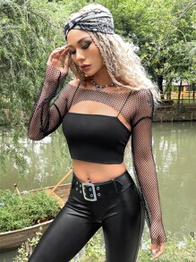 ROMWE PUNK Grunge Fishnet Insert Super Crop Top Without Cami Top - Black - View 5