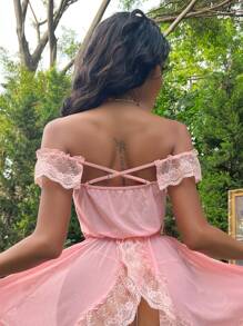 Pure Desire 網紗蕾絲邊蝴蝶結後背十字交叉一字肩洋裝和丁字褲