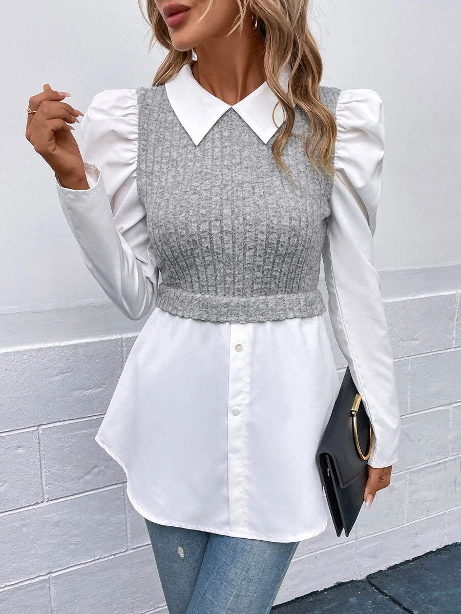 Calvaya Blusa manga de farol 2 en 1, blusa casual de mujer con cuello de botones y mangas abullonadas, corte regular, multicolor, uso diario casual para primavera/otoño - Multicolor - Ver 1