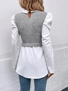 Calvaya Blusa manga de farol 2 en 1, blusa casual de mujer con cuello de botones y mangas abullonadas, corte regular, multicolor, uso diario casual para primavera/otoño - Multicolor - Ver 2