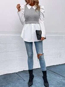 Calvaya Blusa manga de farol 2 en 1, blusa casual de mujer con cuello de botones y mangas abullonadas, corte regular, multicolor, uso diario casual para primavera/otoño - Multicolor - Ver 5