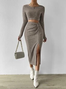 Rafferiza Cut Out Twist Front Split Thigh Dress Maxi Women Outfit Fall Cloth For Women - Mocha Brown - View 1