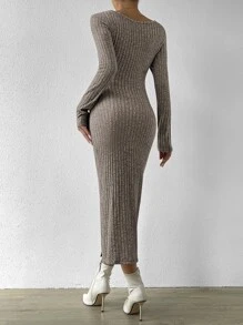 Rafferiza Cut Out Twist Front Split Thigh Dress Maxi Women Outfit Fall Cloth For Women - Mocha Brown - View 2