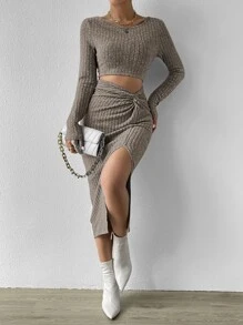 Rafferiza Cut Out Twist Front Split Thigh Dress Maxi Women Outfit Fall Cloth For Women - Mocha Brown - View 3