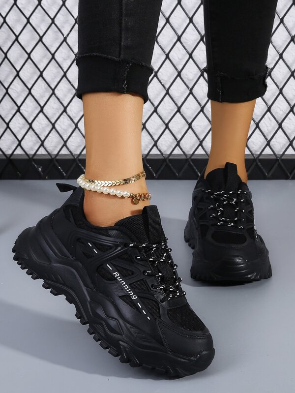 Letter Graphic Lace-Up Front Chunky Sneakers, Black Sporty Chunky Shoes With Logo