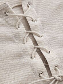 SHEIN MOD Lettuce Trim Lace Up Front Asymmetrical Hem 2 In 1 Tee - Beige - View 7