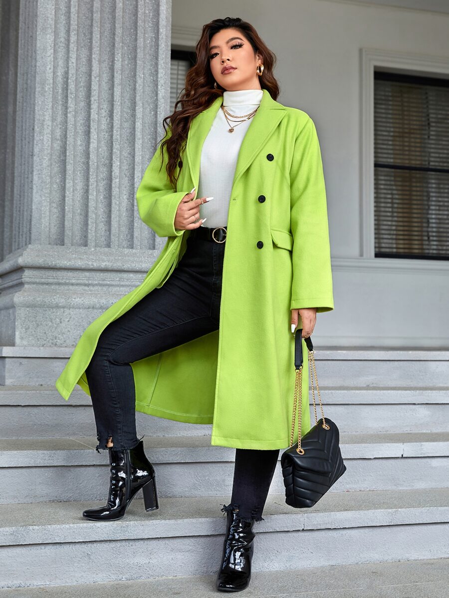 SHEIN Unity Plus Lapel Neck Double Breasted Overcoat - Lime Green - View 1