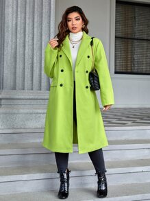 SHEIN Unity Plus Lapel Neck Double Breasted Overcoat - Lime Green - View 3