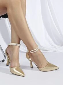 Metallic Faux Pearl Decor Point Toe Heeled Ankle Strap Pumps