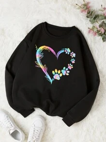 INAWLY 爪印爱心图案保暖内衬卫衣，适合毕业季、返校季、教师节等场合，女士款，秋季返校套头卫衣 - 黑色 - 查看 1