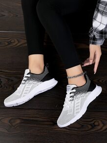 女士撞色織物前綁帶運動鞋 - 黑與白 - 查看 5