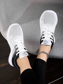 女士撞色織物前綁帶運動鞋 - 黑與白 - 查看 4
