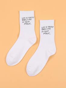 标语图案中筒袜，秋季袜子 - 白色 - 查看 1