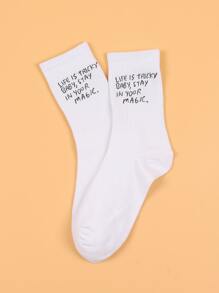 标语图案中筒袜，秋季袜子 - 白色 - 查看 2
