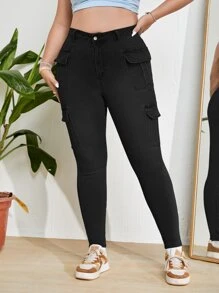 SHEIN EZwear Plus High Waist Flap Pocket Skinny Stretchy Jeans