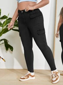 SHEIN EZwear Plus High Waist Flap Pocket Skinny Stretchy Jeans