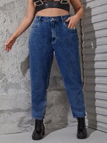 SHEIN ICON Quần Denim kích thước lớn Nút Túi Dây kéo màu trơn - Rửa trung bình - Xem 1